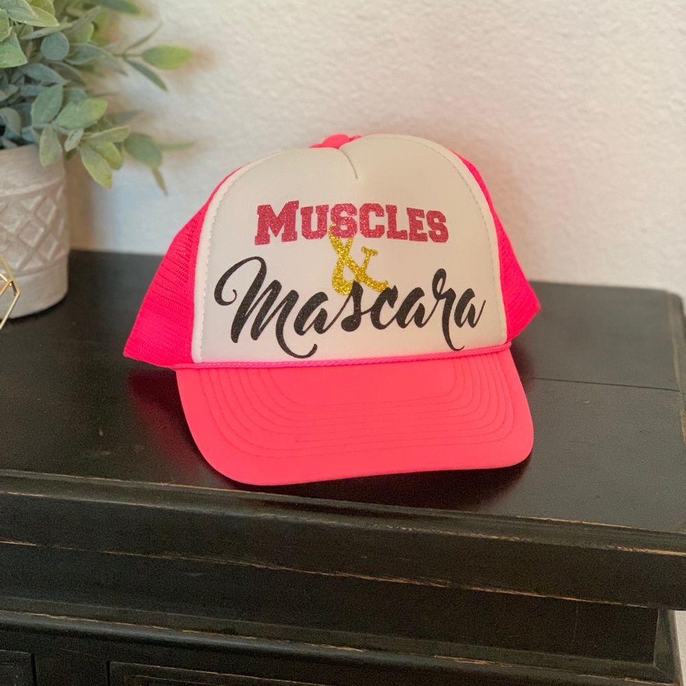 “Muscles and Mascara” pink trucker hat